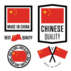 Made in China label set. Vector China flag. Symbol of quality. Manufacturing by China. Tags and sticker collection. Vintage and modern stamp. 