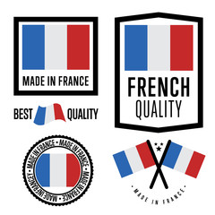 Made in France label set. Vector France flag. Symbol of quality. Manufacturing by France. Tags and sticker collection. Vintage and modern stamp. 