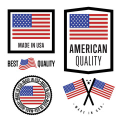 Made in USA label set. Vector USA flag. Symbol of quality. Manufacturing by United States of America. Tags and sticker collection. Vintage and modern stamp. 
