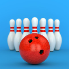 Bowling ball and pins on blue background