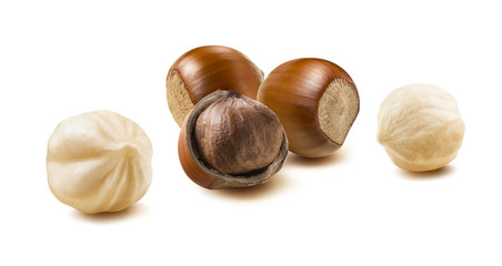 Hazelnut nut group 2 peeled off isolated on white background