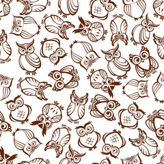 Cute outline brown owls seamless pattern