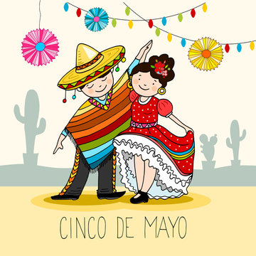 Mexican Dancers, Greeting Card For The For Cinco De Mayo Holiday, Hand Drawn Vector Illustration