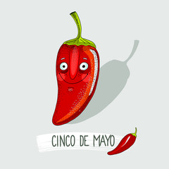 Red Pepper, red pepper character for mexican cinco de mayo holiday, isolated hand drawn vector illustration