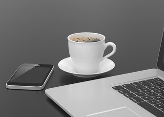 Laptop smartphone and coffee cup on black. 3d rendering.