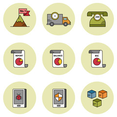 Strategic management and cyber security vector icon set