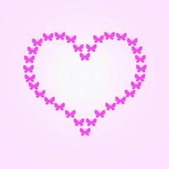 Heart shaped butterfly flight, pink butterflies. Raster illustra