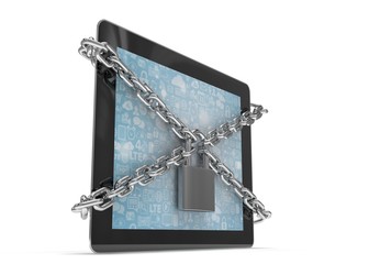 tablet PC with chains and lock isolated on white background. 3d rendering.