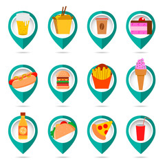 Fast food icons with map marks