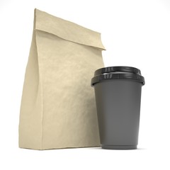 Coffee to go and lunch bag, on white. 3d rendering.