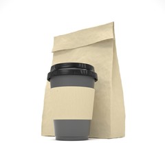 Coffee to go and lunch bag, on white. 3d rendering.