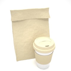 Coffee to go and lunch bag, on white. 3d rendering.