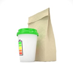 Coffee to go and lunch bag, on white. 3d rendering.