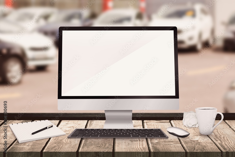 Poster composite image of a computer over a desk
