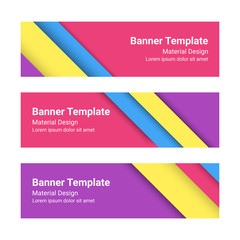 Fototapeta premium Set of modern colorful horizontal vector banners, page headers in a material design style. Can be used as a business template or in a web design. Vector illustration.