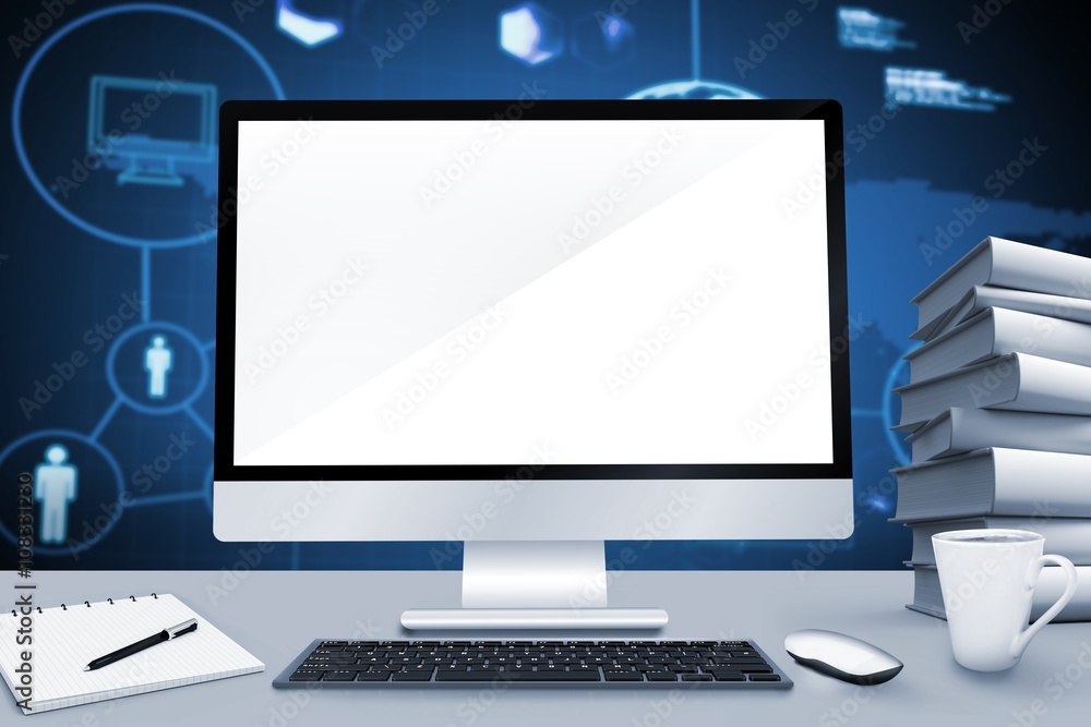 Poster composite image of image of a desk with computer