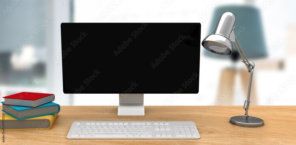 Poster composite image of a computer over a desk