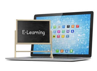  Laptop with chalkboard, e-learning, online education concept. 3d rendering.