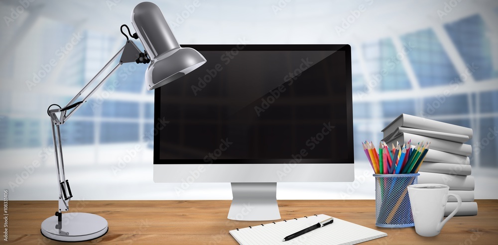 Poster composite image of image of a desk with computer