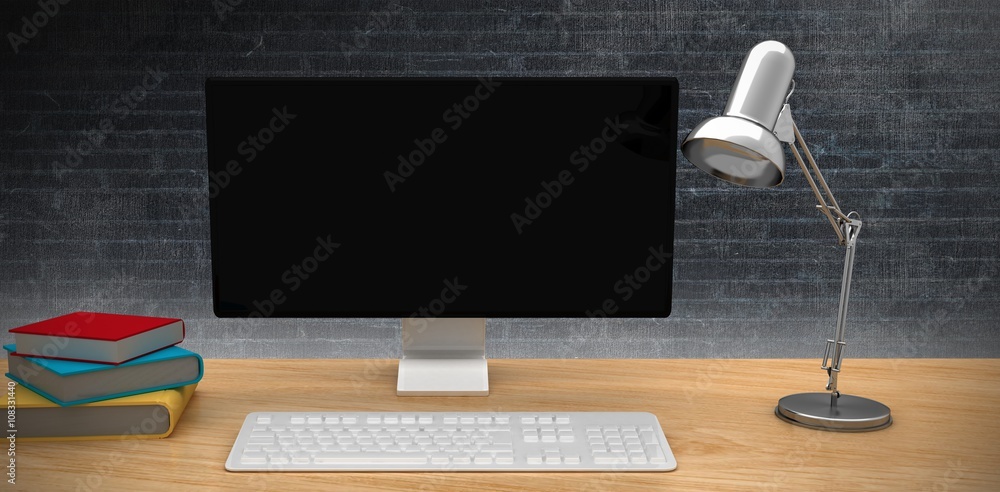 Poster composite image of a computer over a desk