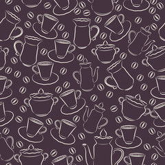 Vector seamless pattern of coffee and cups, sketch