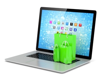 laptop and  shopping pags on white background. 3d rendering.