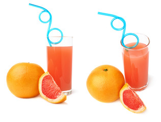 Tall glass filled with the grapefruit juice, blue curved drinking straw and fruits, composition isolated over the white background