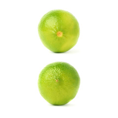 Set of two single limes in different compositions and foreshortenings, isolated over the white background