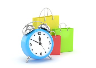 alarm clock and shopping bag (time to buy concept). 3d rendering.