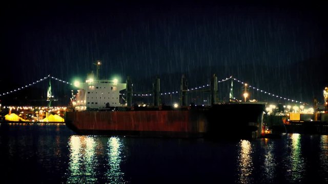 Tanker Ship Passing Bridge At Night