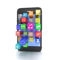  application software icons extruding from smartphone, isolated on white. 3d rendering.