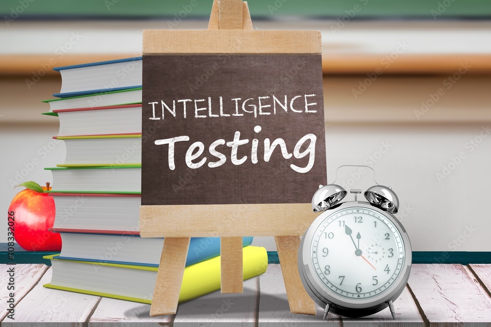 Poster composite image of words intelligence testing