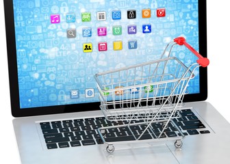 Shopping cart on laptop. 3d rendering.