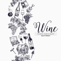 Vector background with hand drawn wine drawings. - obrazy, fototapety, plakaty