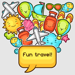 Cute travel background with kawaii doodles. Summer collection of cheerful cartoon characters sun, airplane, ship, balloon, suitcase and decorative objects