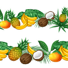 Seamless pattern with tropical fruits and leaves. Background made without clipping mask. Easy to use for backdrop, textile, wrapping paper