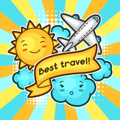 Cute travel background with kawaii doodles. Summer collection of cheerful cartoon characters sun, airplane, cloud and decorative objects