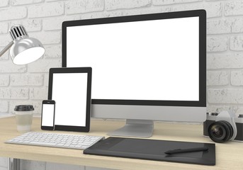 Fototapeta premium Responsive mockup screen. Monitor, tablet, phone on table in office. 3d rendering.
