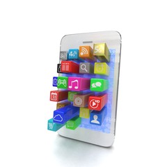  application software icons extruding from smartphone, isolated on white. 3d rendering.