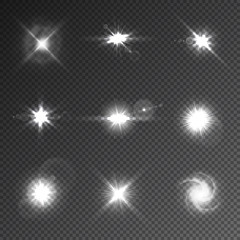 Light effect. Glow stars. Burst shine. Flash light. Magical bright. Lens flare. Sunlight. Vector illustration. 