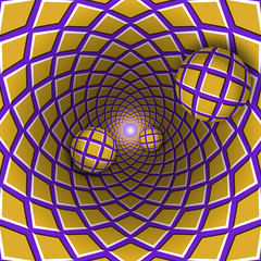 Visual illusion illustration. Three checkered balls are moving from checkered golden purple hole. Abstract fantasy in a surreal style.