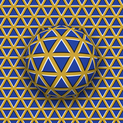 Ball rolling along the triangles surface. Abstract vector optical illusion illustration. Motley background and tile of seamless wallpaper.