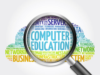 Computer Education word cloud with magnifying glass, business concept