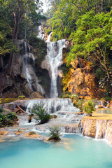 Fototapeta na wymiar Tad Kuang Si waterfall in forest next to Luang Prabang, Laos