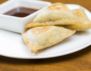 Samosas and Dipping Sauce Plate Closeup