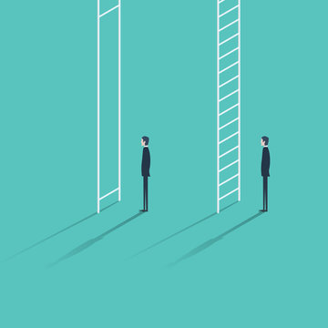 Inequality in career promotion concept. Two businessmen standing and climbing corporate ladders.