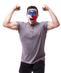 Victory, happy and goal scream emotions of Czech football fan in game support of Czech Republic...