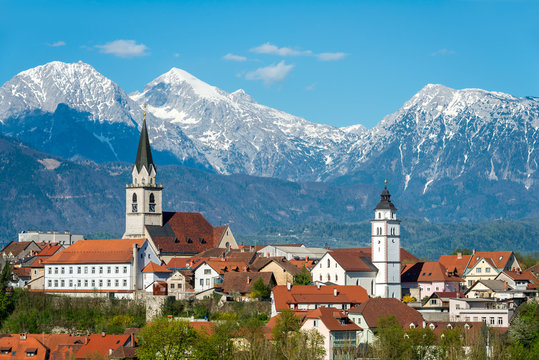 Panorama of Kranj, Slovenia, Europe. Kranj in Slovenia with St. Cantianus Church in the foreground and the Kamnik Alps behind.