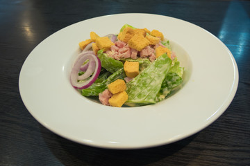 Traditional Caesar Salad with Ham and Bacon