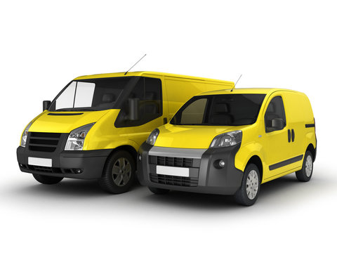 Yellow delivery van and car on a white background.3D illustratio